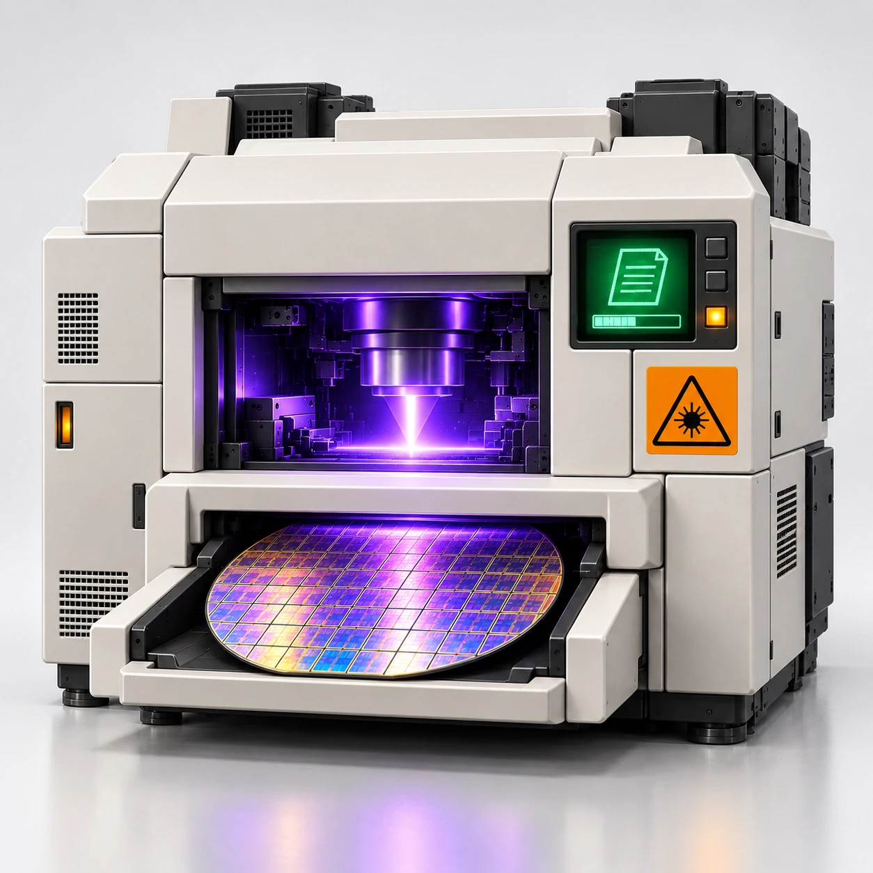 Product view of THE EUV PRINTER: beige housing, green LCD showing a document icon, orange laser warning label, a wafer in the output tray.